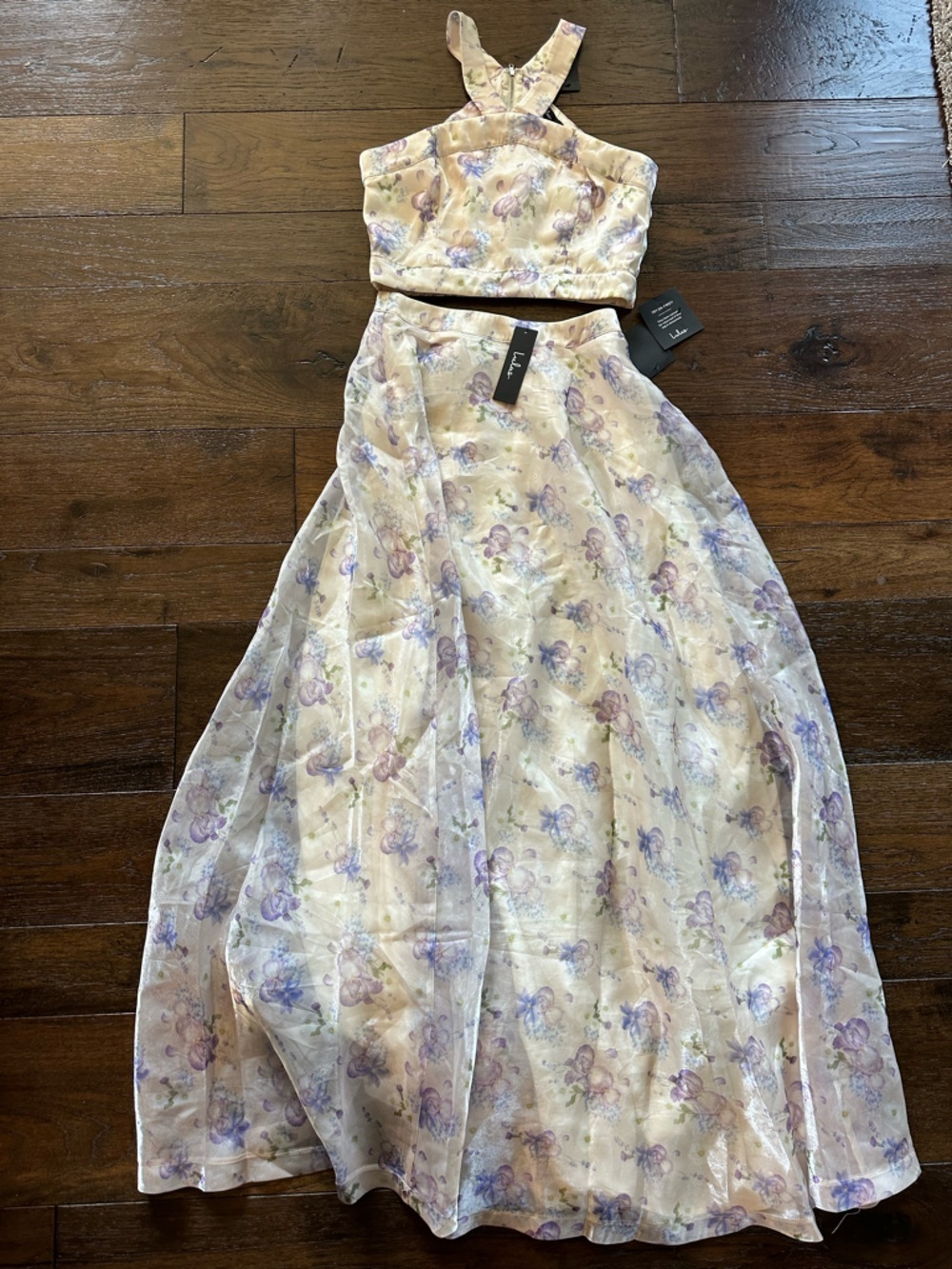 Lulu’s Entrance Cream Floral Print Two-Piece Halter Maxi Dress- size Medium